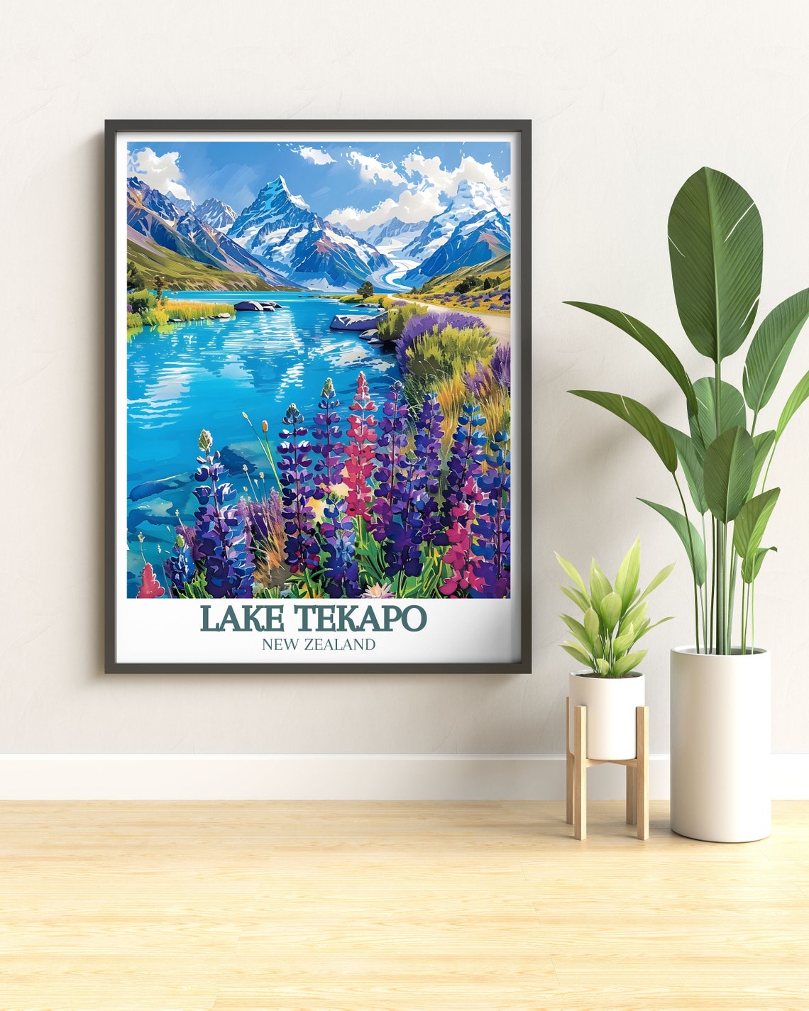 Lake Tekapo New Zealand Turquoise Lake With Purple Lupins Poster - Image 2