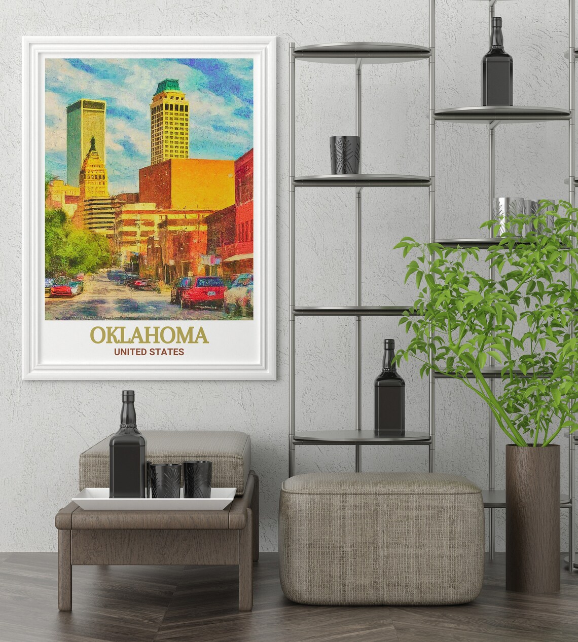 Golden Hour Downtown Skyline Streetscape Oklahoma City Travel Poster - Image 2