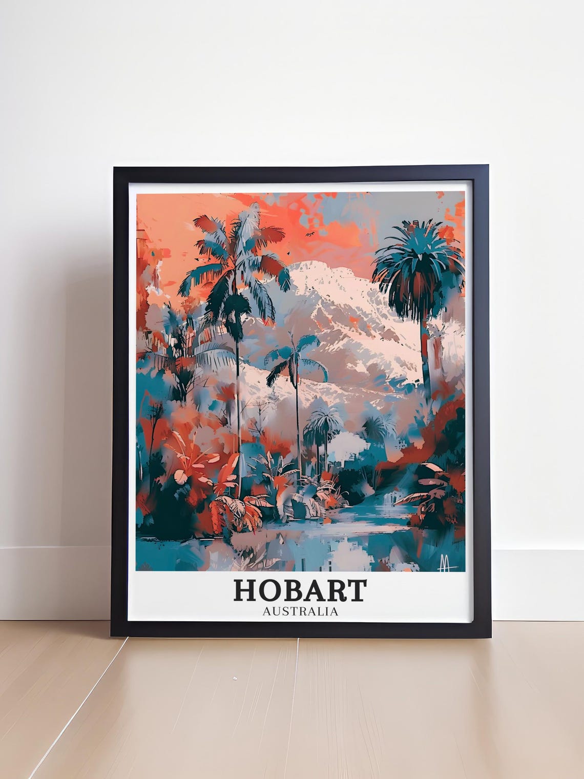Hobart Australia Tropical Palms Mountain Artistic Travel Poster - Image 4