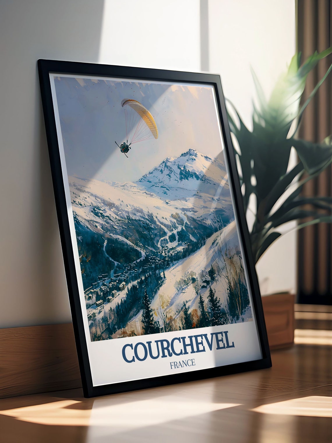Courchevel France Paraglider Soaring Over Snowy Slopes Travel Poster - Image 3