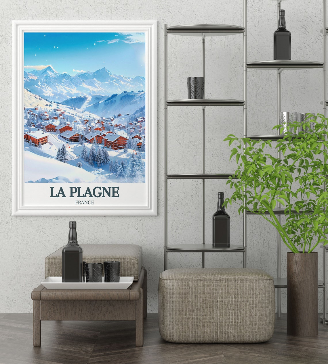 La Plagne Snowy Village Chalets Towering Peaks Winter Magic Poster - Image 2