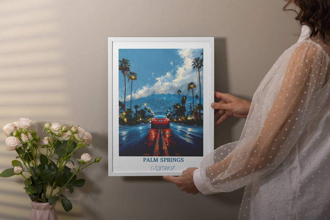 Red Electric Car On Wet Palm Lined Road In Palm Springs Poster - Image 4