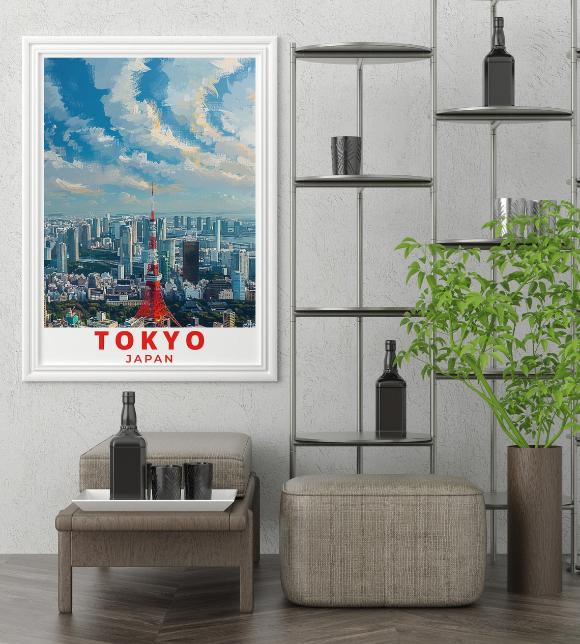 Tokyo Japan Red Tokyo Tower Under Sweeping Painted Clouds Poster - Image 2