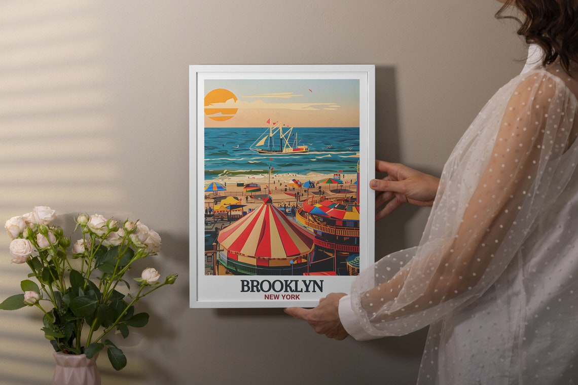 Brooklyn New York Coney Island Boardwalk Carousel Sunset Travel Poster - Image 2