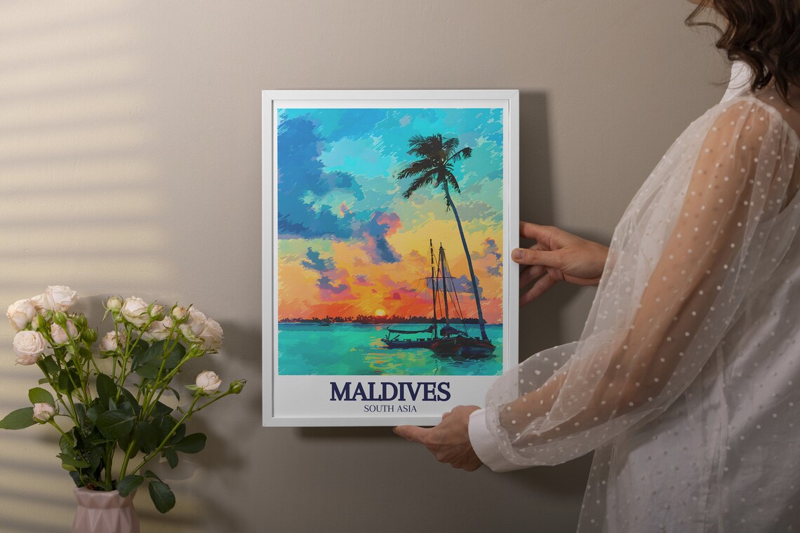 Maldives Dhoni Boats Tropical Sunset Palm Lagoon Travel Poster - Image 3