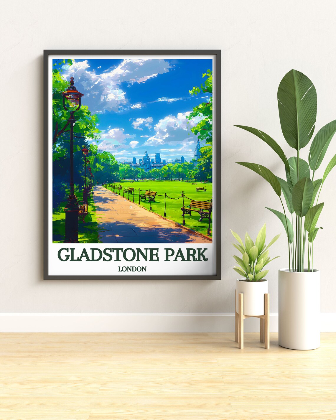 Gladstone Park London Green Lawn Lamp Path Sunny Travel Poster - Image 2