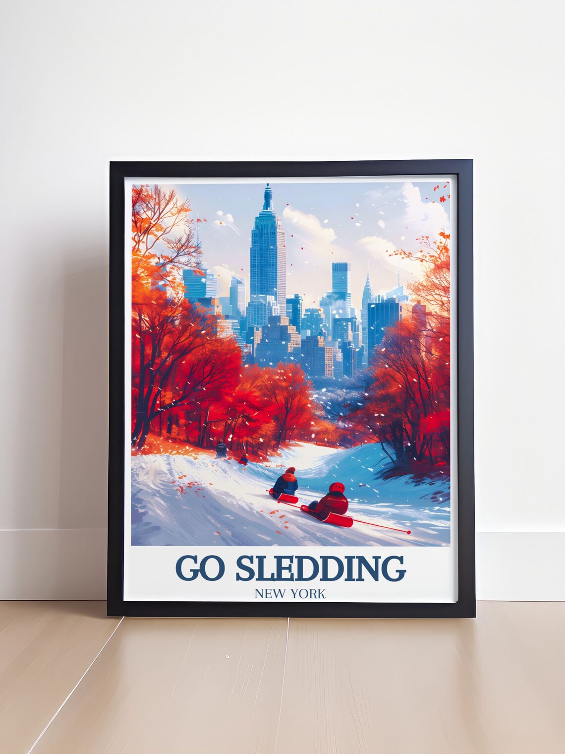 Go Sledding New York City Central Park Winter Skyline Travel Poster - Image 4