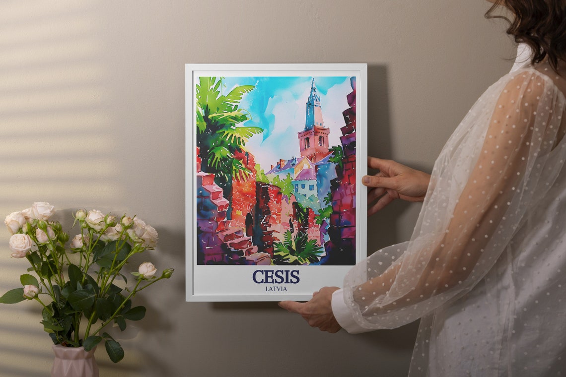 Cesis Latvia Castle Ruins Watercolor Church Tower Travel Poster - Image 2