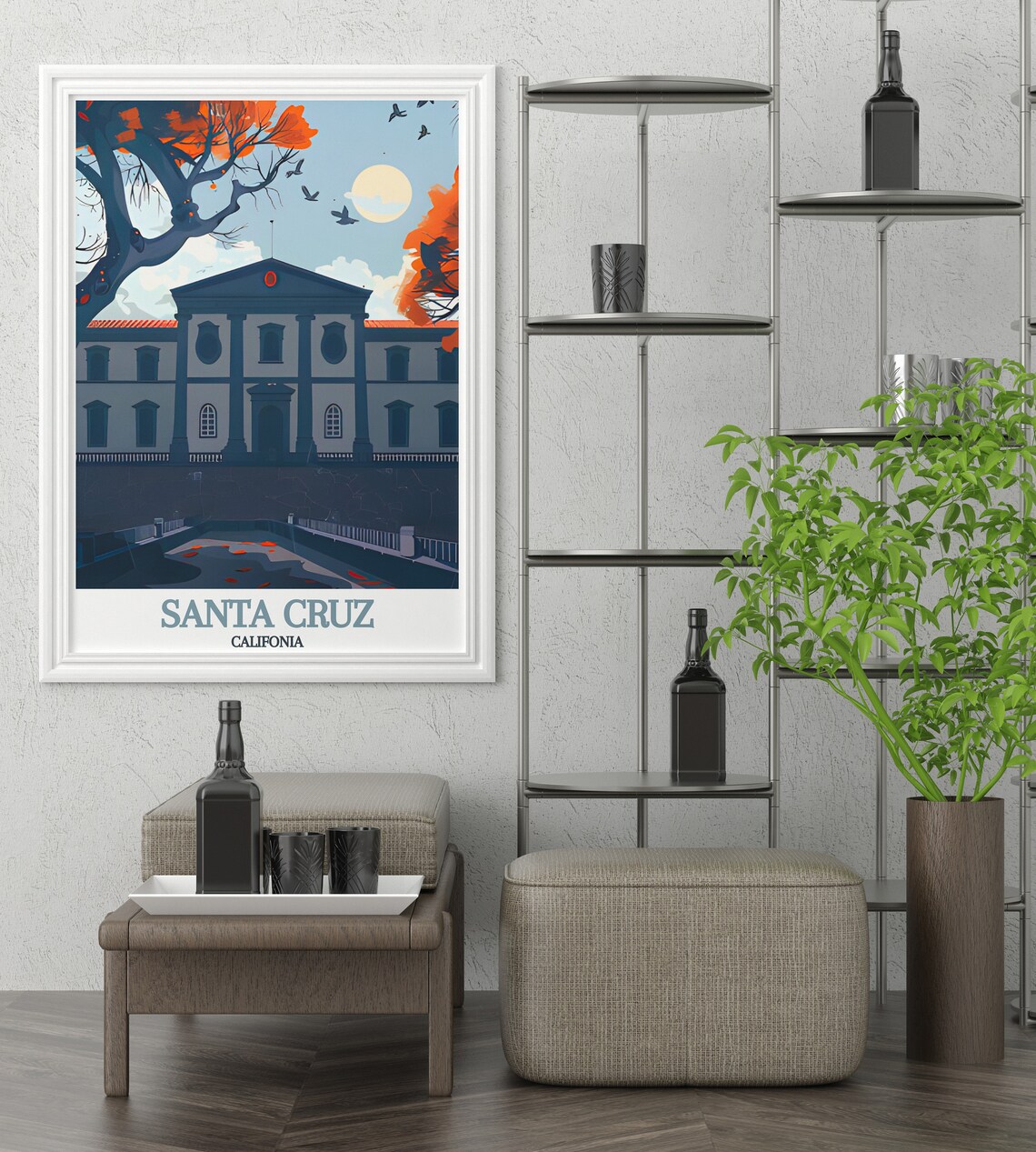Santa Cruz Museum Columned Facade Moonlit Night Travel Poster - Image 2