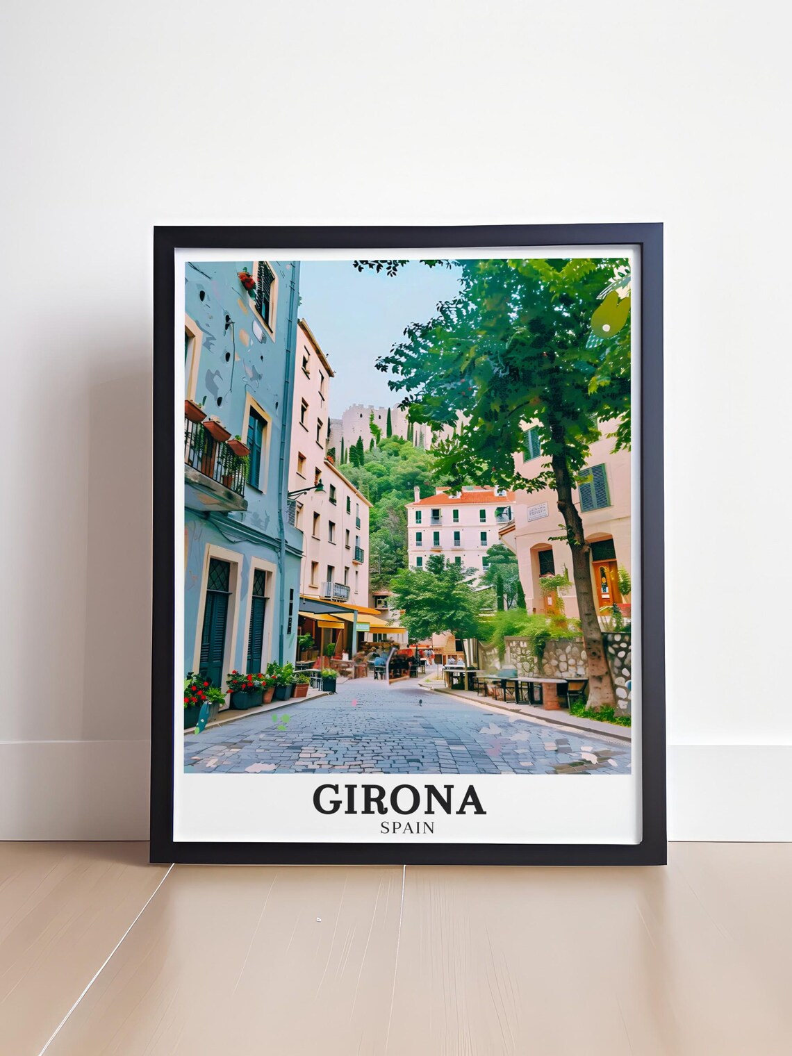 Girona Spain Cobblestone Old Town Street Cafe Scene Travel Poster - Image 4