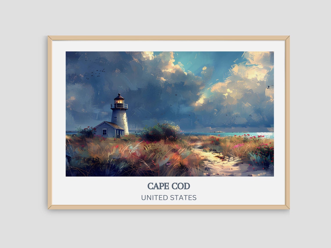 Cape Cod Lighthouse Stormy Sky Dramatic Oil Painting Travel Poster - Image 4