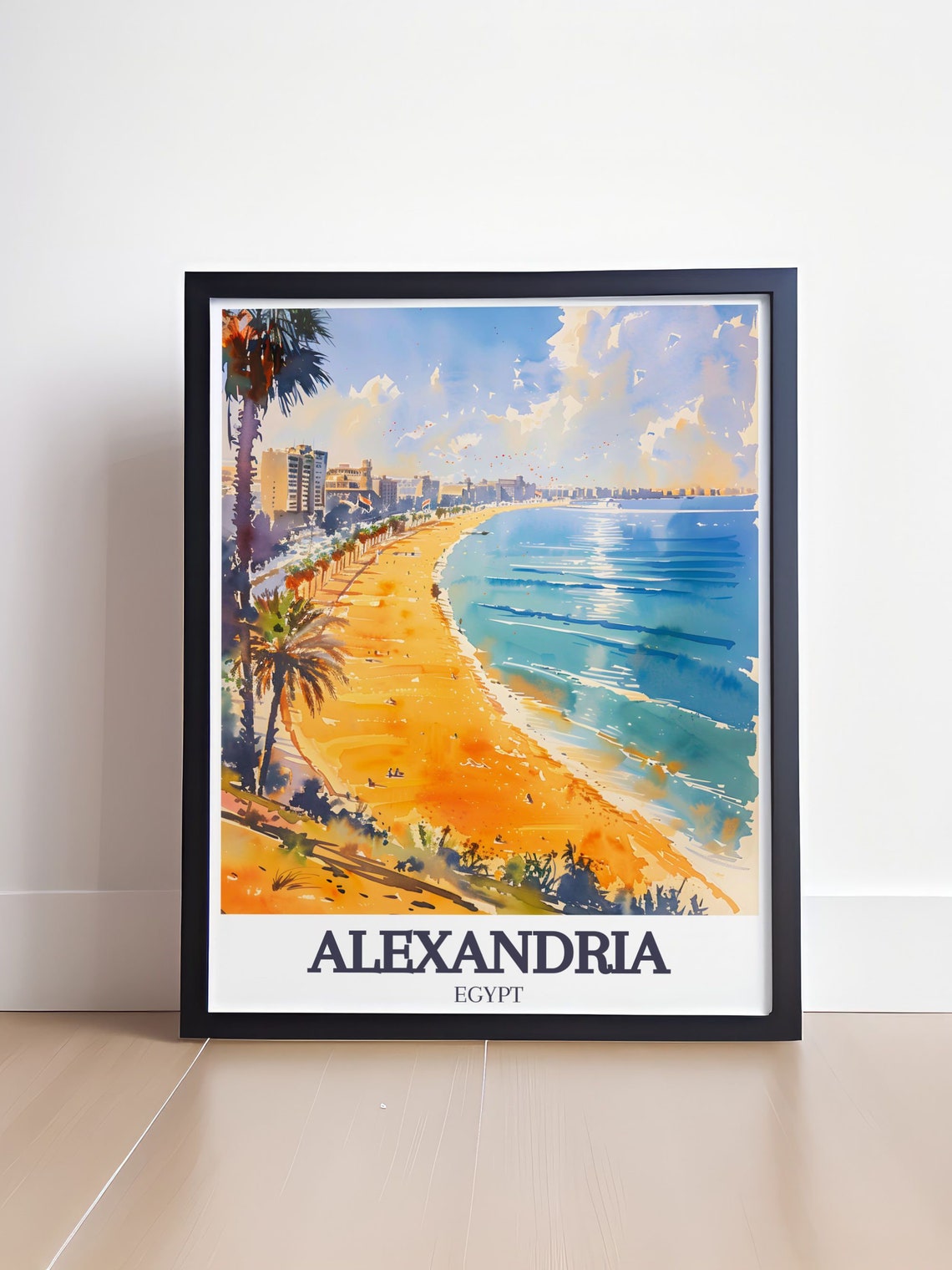 Alexandria Egypt Stanley Beach Mediterranean Watercolor Travel Poster - Image 4