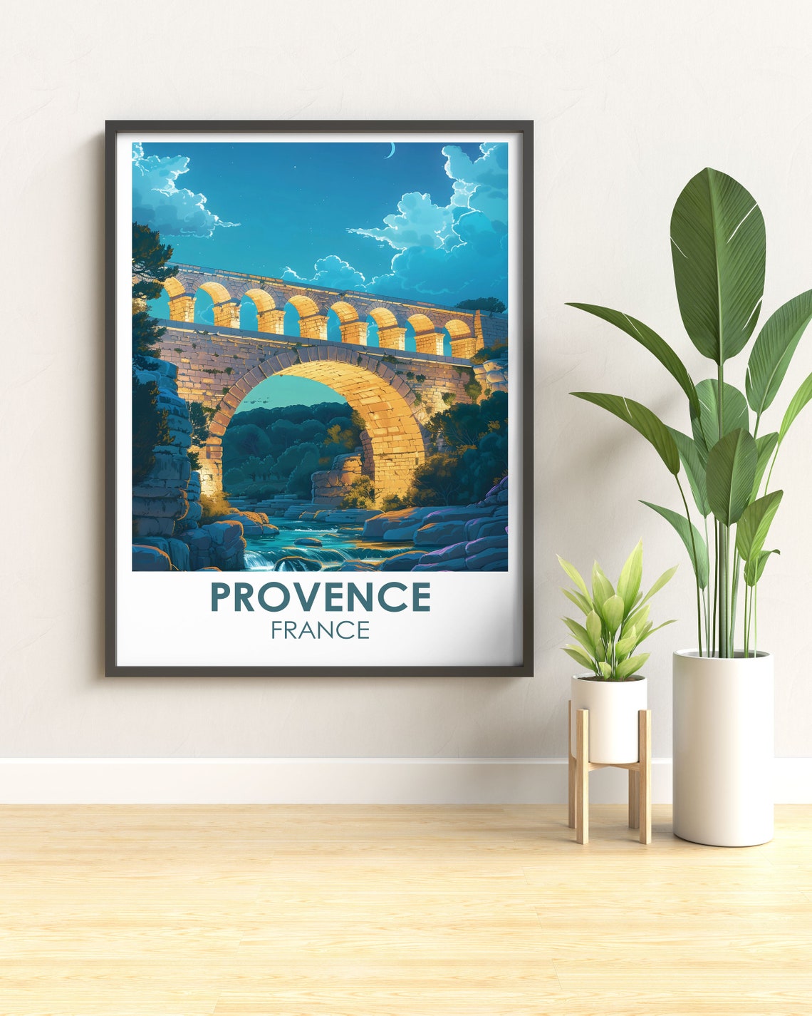 Provence France Ancient Aqueduct Bridge Moonlit River Poster - Image 2