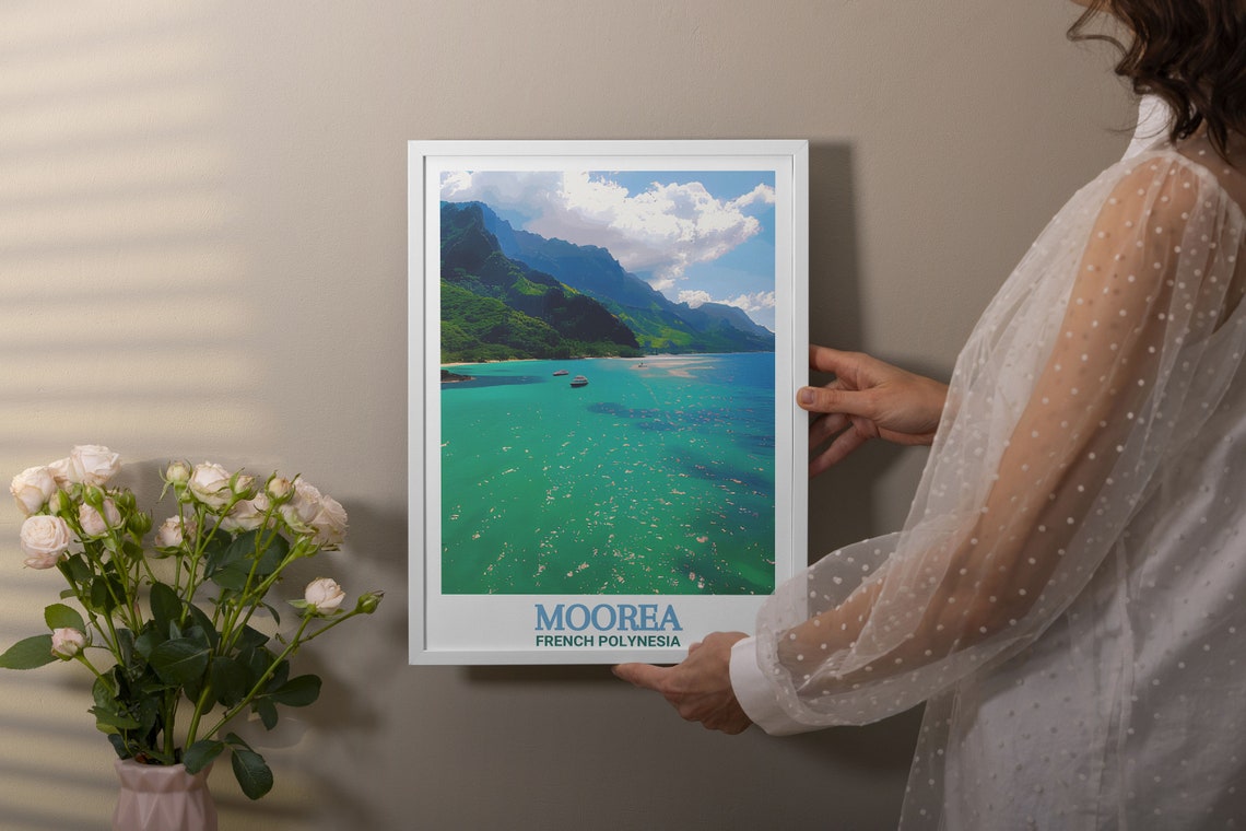 Moorea Cooks Bay Boats Turquoise Water Volcanic Peaks Travel Poster - Image 2
