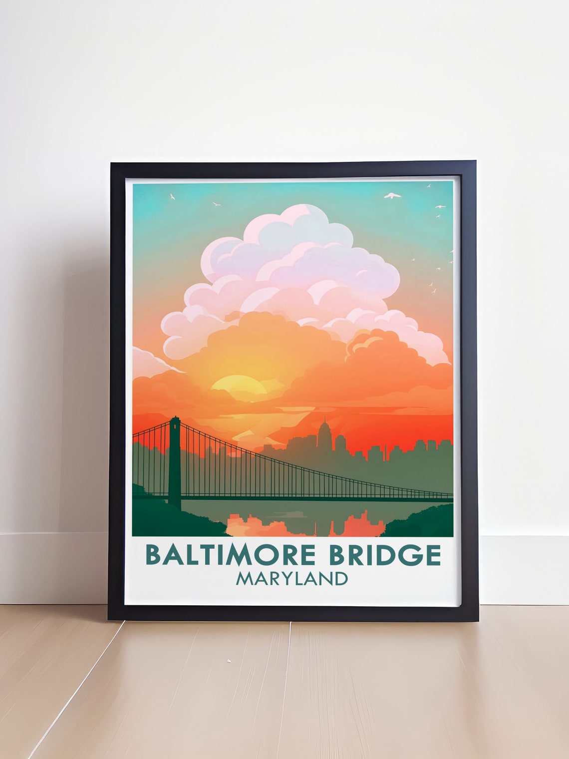 Baltimore Bridge Suspension Sunset Skyline Retro Travel Poster - Image 3