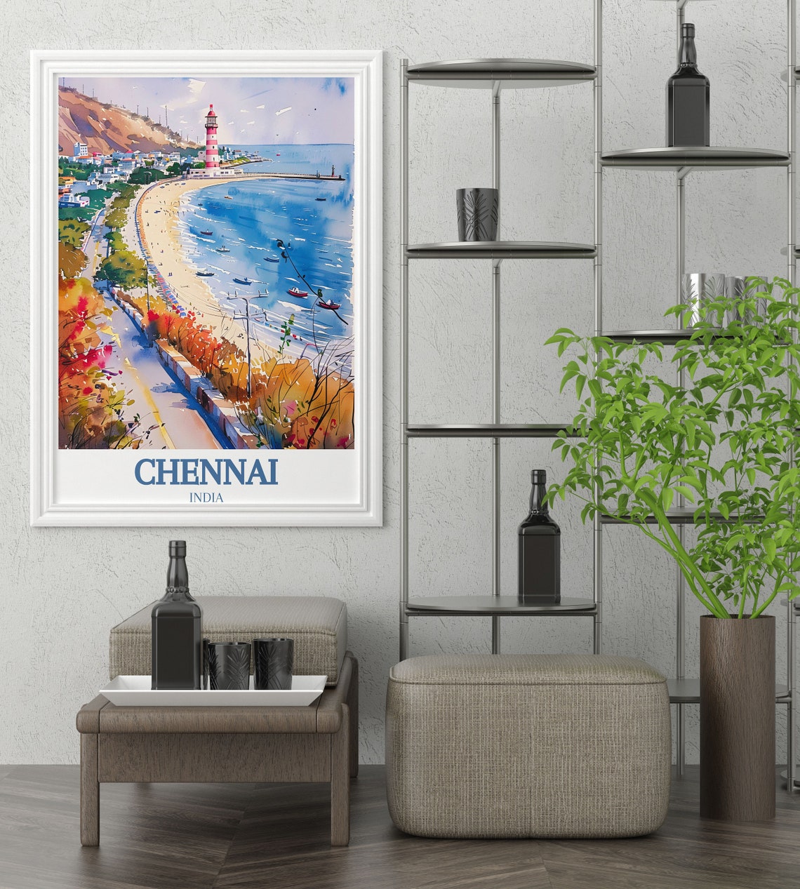 Chennai Marina Beach Lighthouse Curved Bay Watercolor India Poster - Image 3