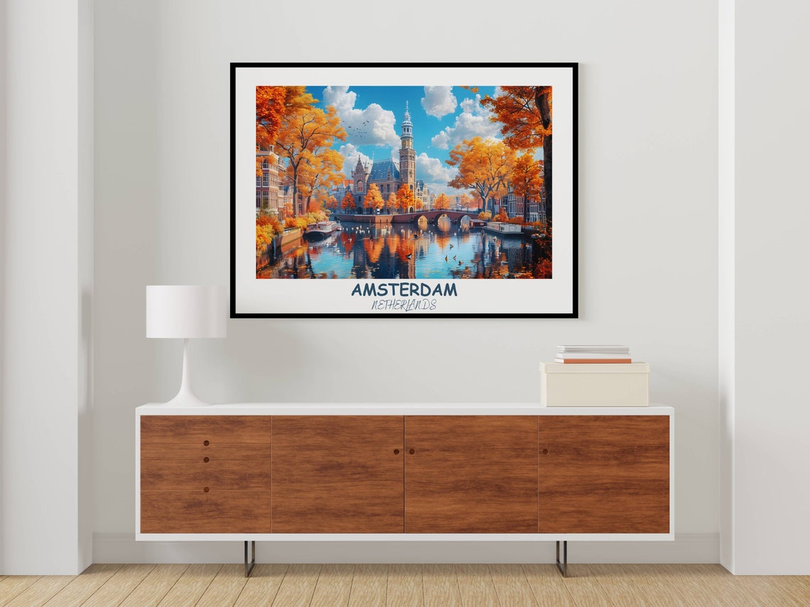 Amsterdam Netherlands Autumn Canal Bridge Fall Colors Travel Poster - Image 3