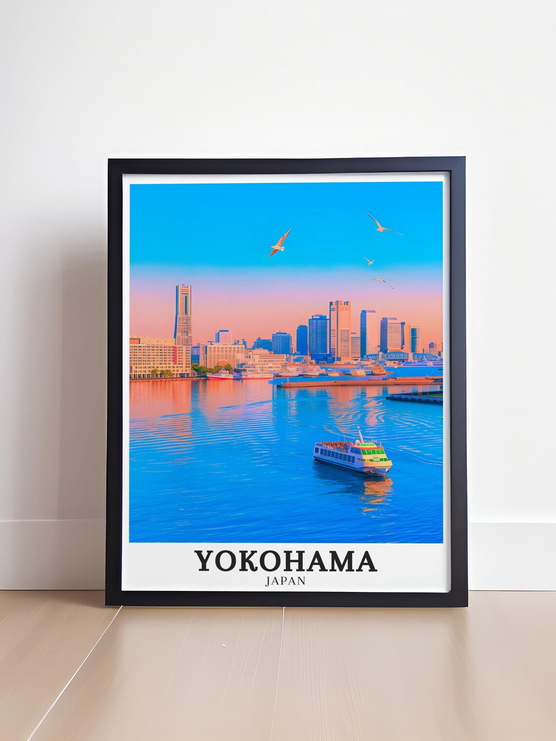 Yokohama Japan Blue Bay Skyline Sunset Sailboats Travel Poster - Image 4