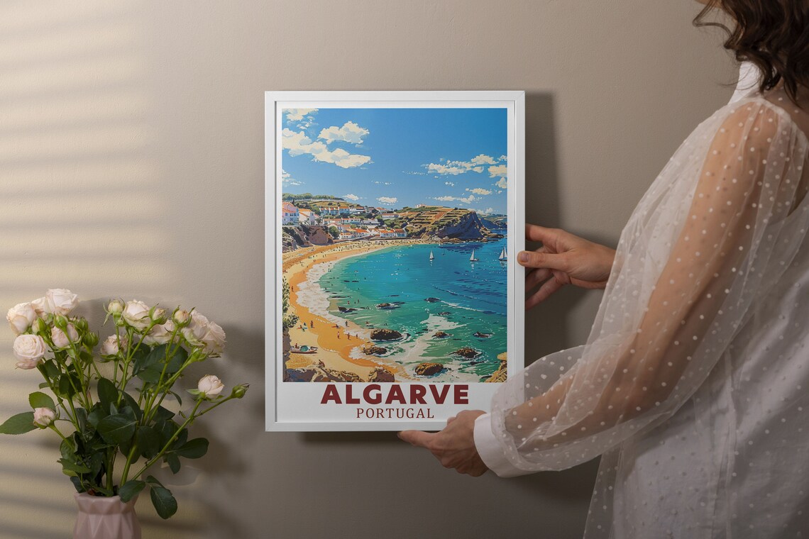 Algarve Portugal Golden Beach Cove Sailboats Retro Travel Poster - Image 3