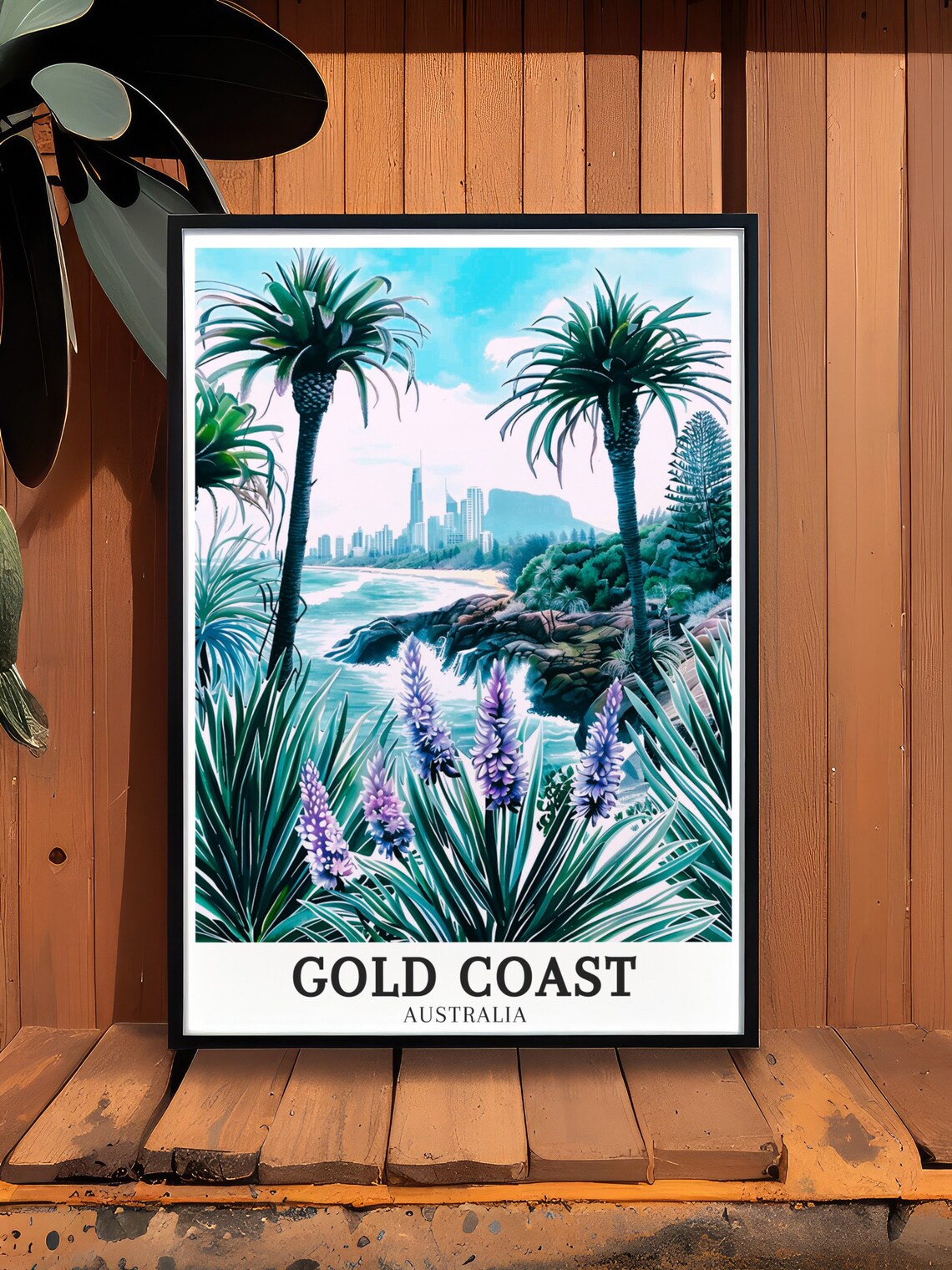 Gold Coast Australia Rocky Coastline Palms City Skyline Poster - Image 2