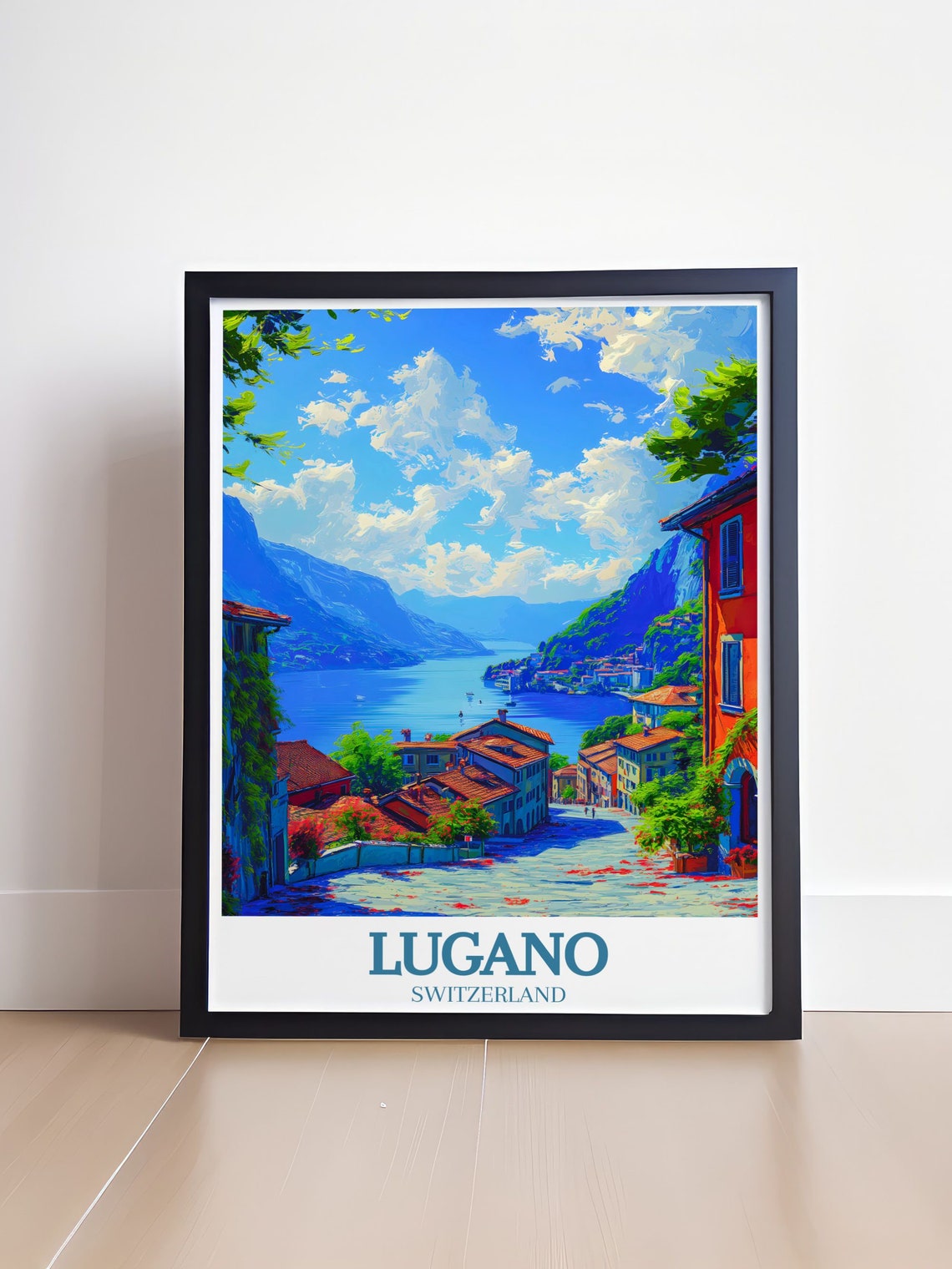 Lugano Switzerland Lakeside Village Street And Mountains Poster - Image 4