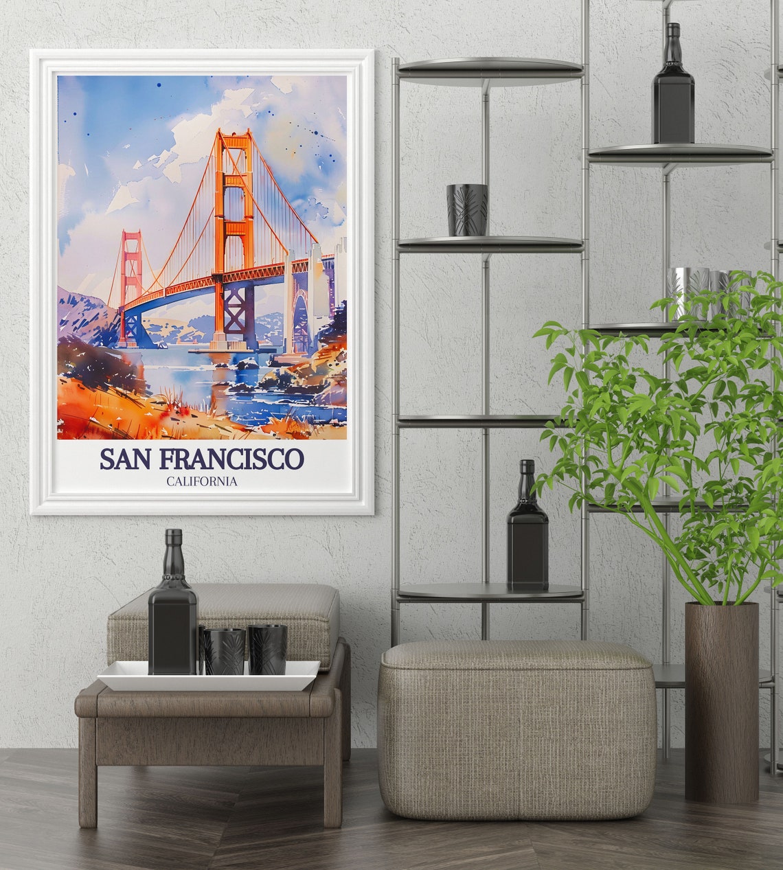 San Francisco Golden Gate Bridge Tower Watercolor Art Poster - Image 3