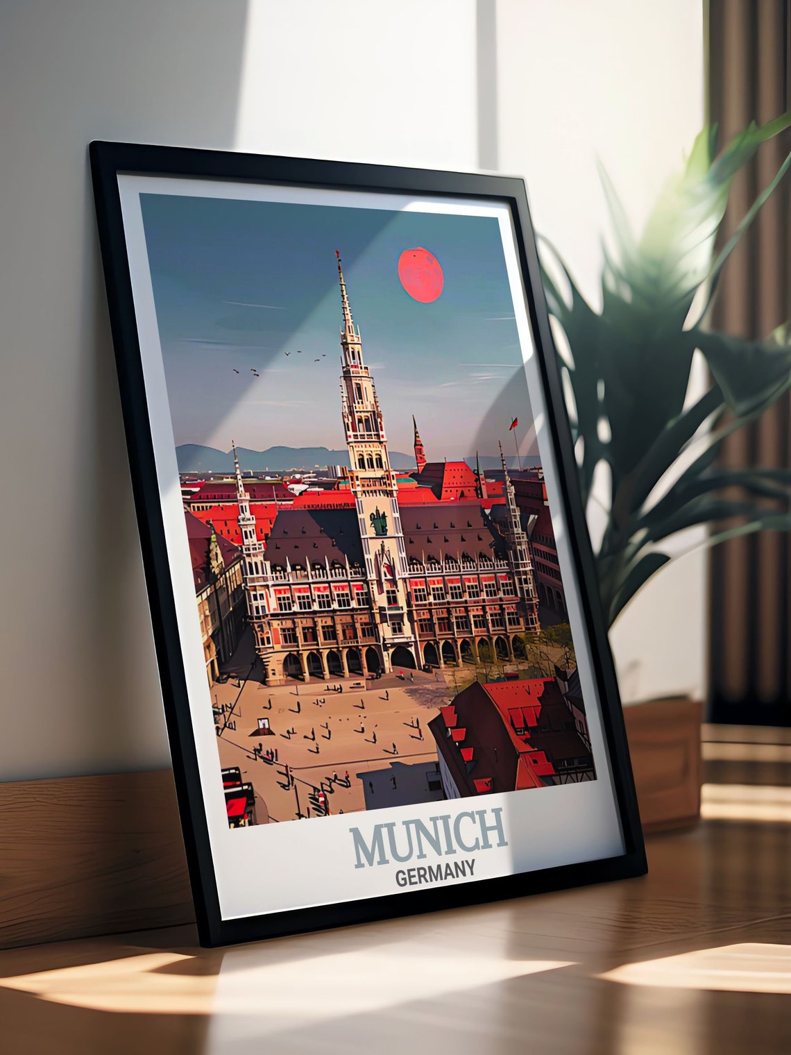 Munich New Town Hall Tower Marienplatz Red Roofs Sunset Travel Poster - Image 2