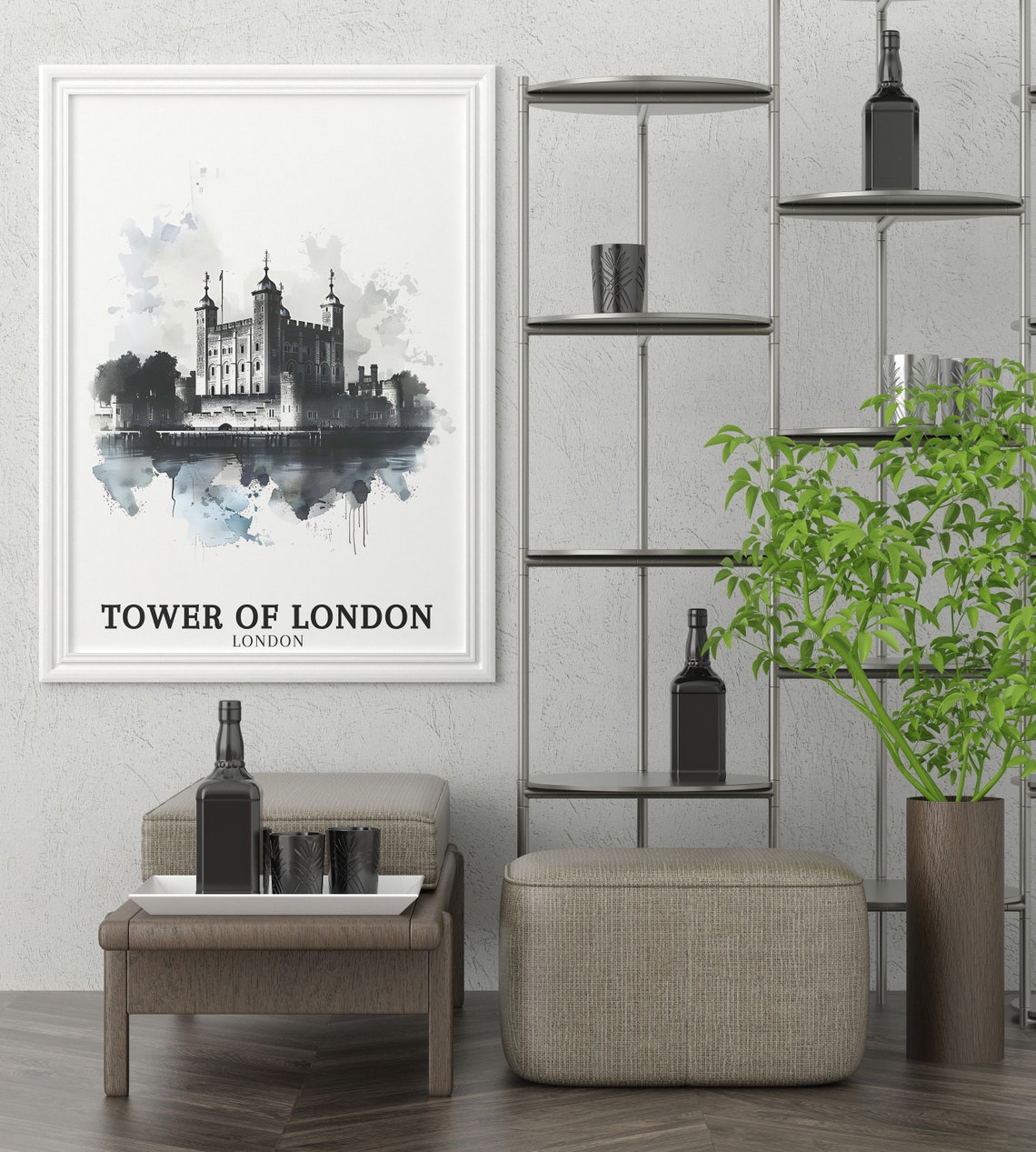 Tower Of London Monochrome Watercolor Thames Riverside London Poster - Image 3