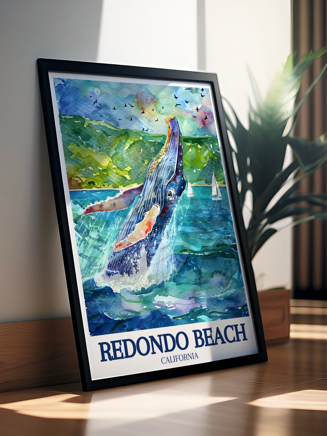 Redondo Beach California Humpback Whale Watercolor Travel Poster - Image 2