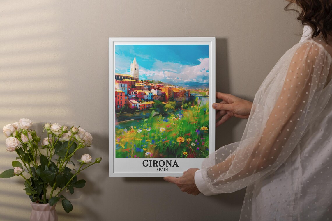 Girona Spain Riverside Houses Wildflowers Colorful Travel Poster - Image 2