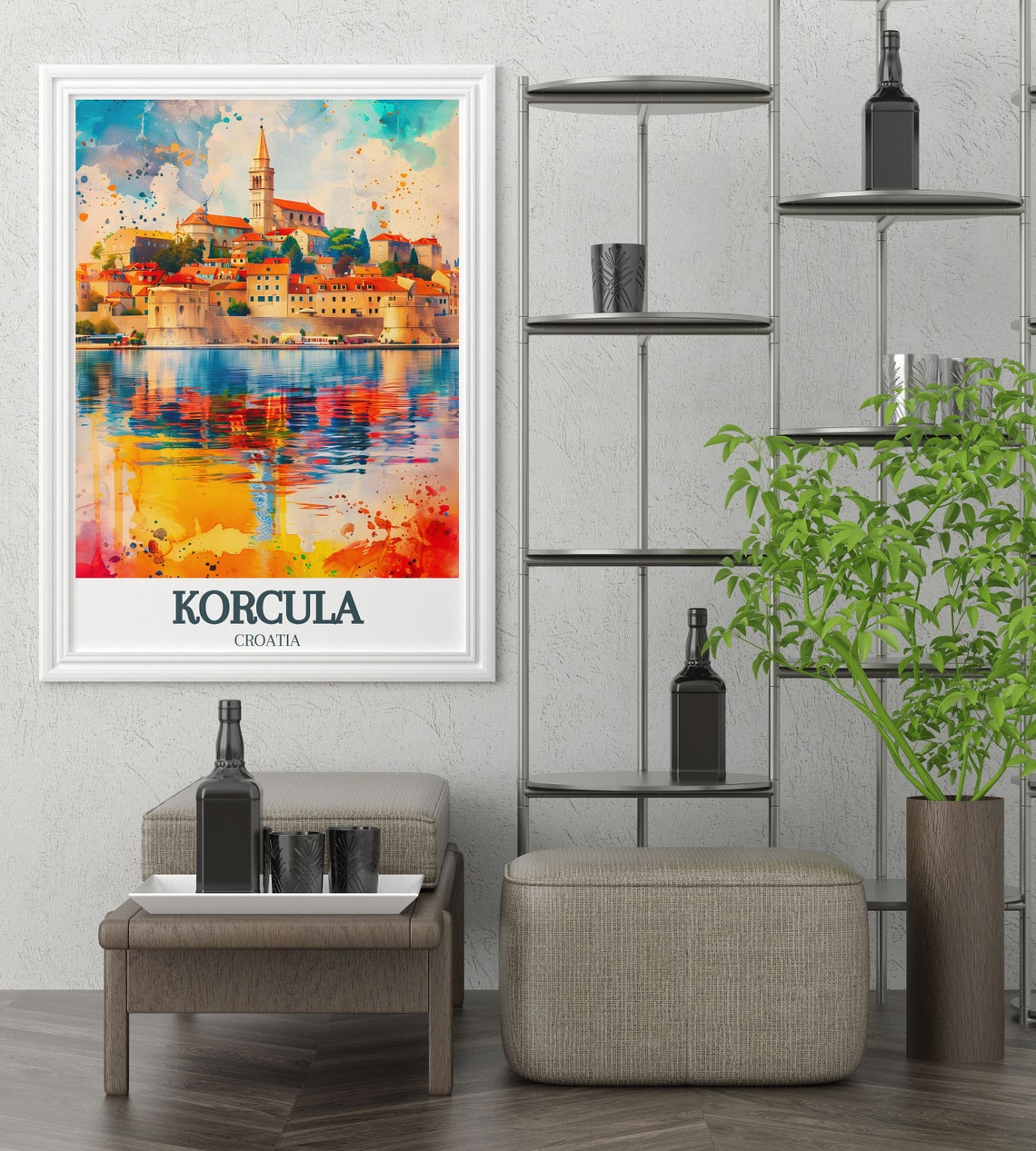 Korcula Old Town Watercolor Harbor Reflection Croatia Poster - Image 3