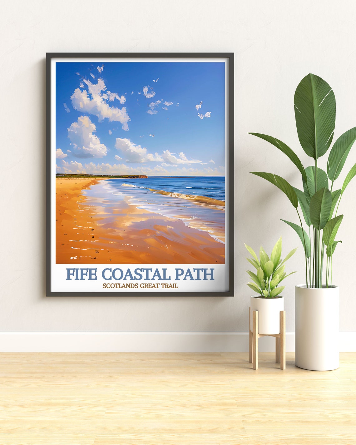 Fife Coastal Path Scotland Golden Beach Waves Under Blue Sky Poster - Image 2
