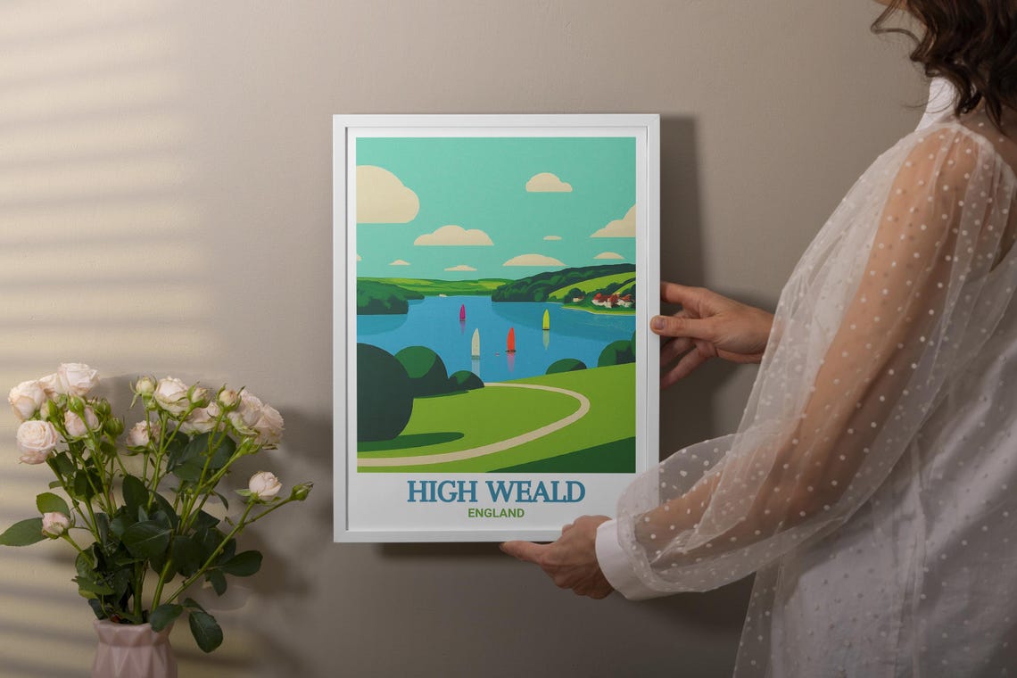 High Weald England Lake Sailboats Rolling Green Hills Travel Poster - Image 4