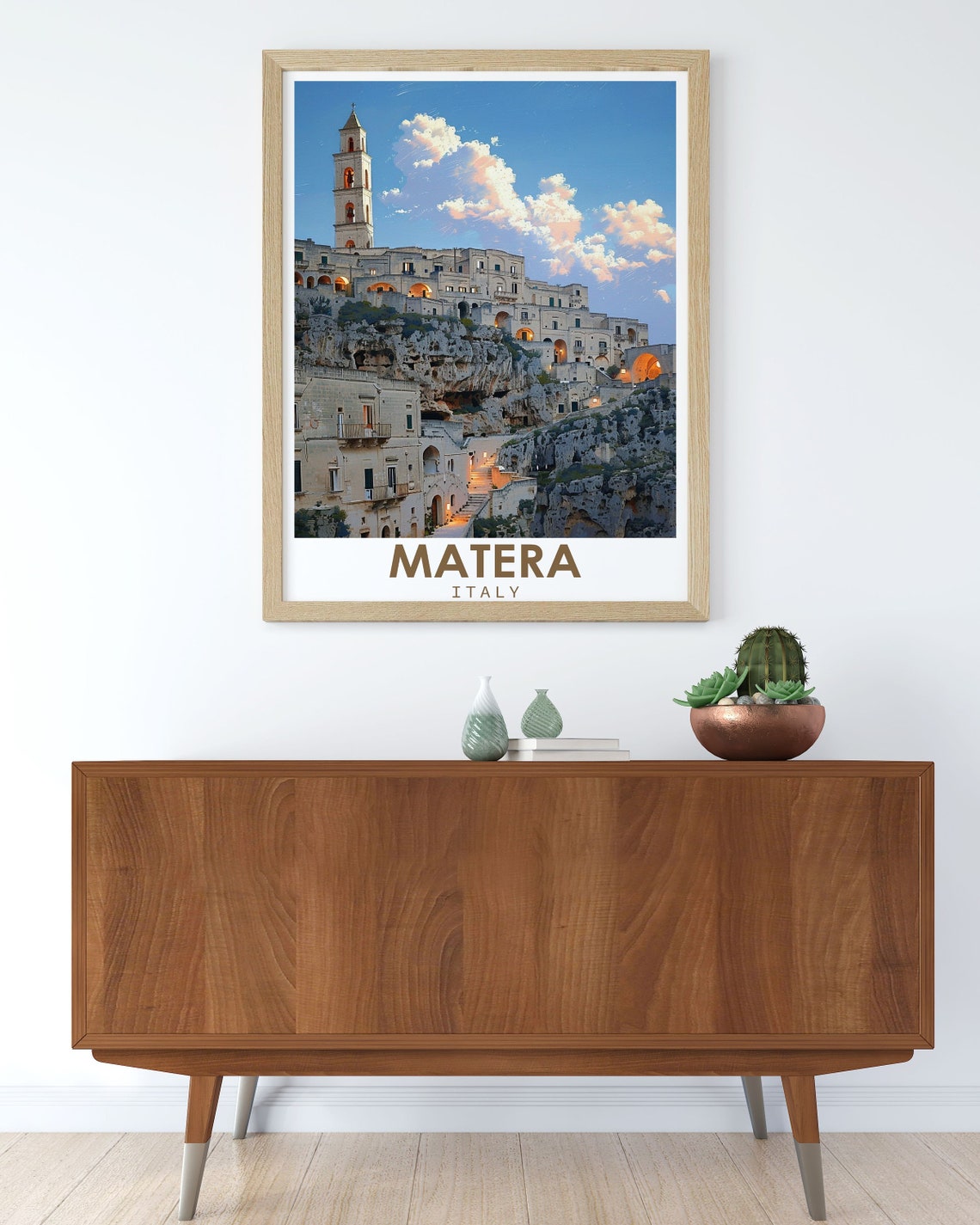 Matera Italy Sassi Cliffside Old Town Bell Tower Sunset Travel Poster - Image 2