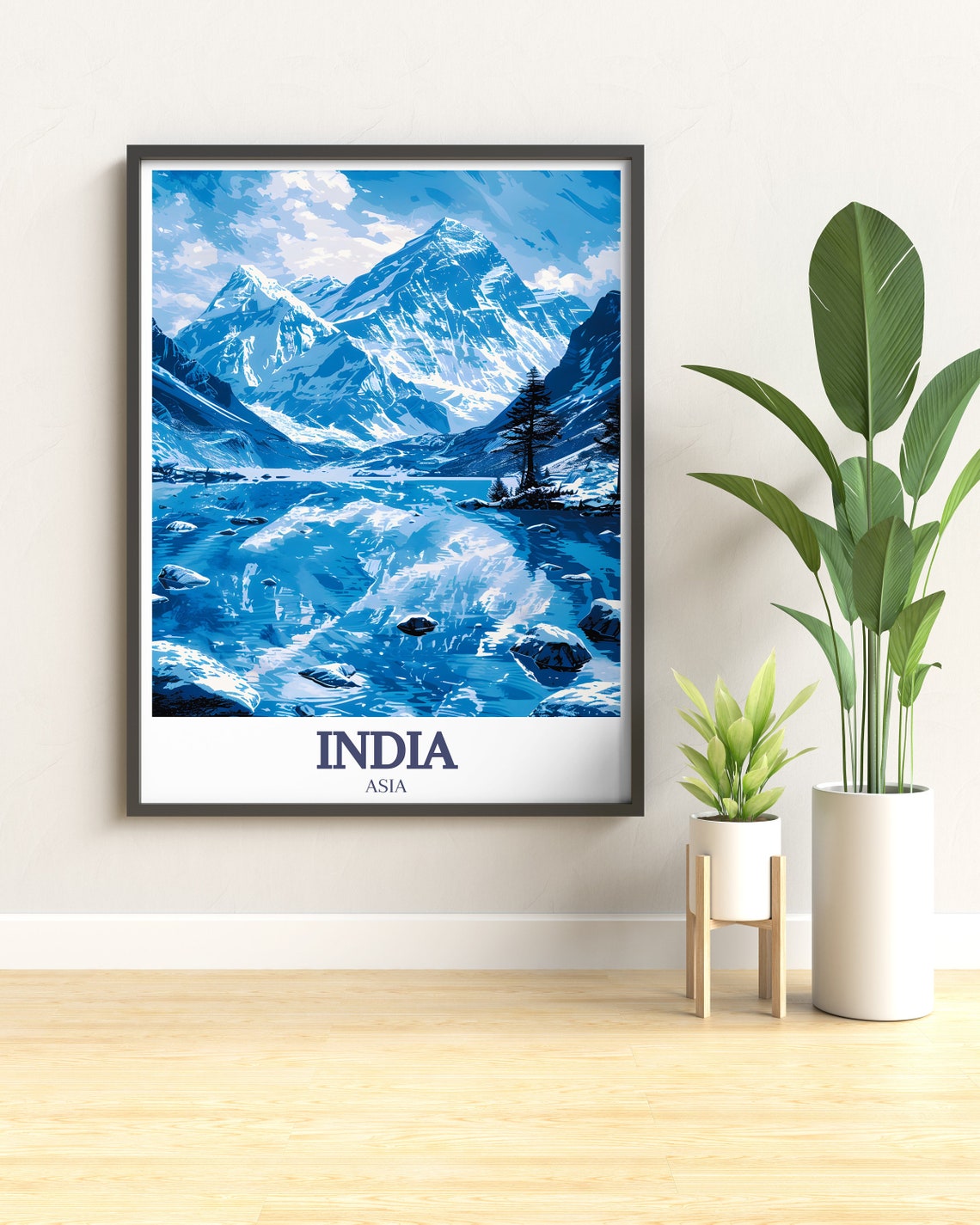 India Asia Himalayas Snowy Peaks Blue Lake Monochrome Art Poster - Image 3