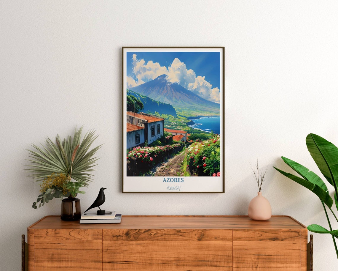 Azores Pico Mountain View Over Flower Lined Village Street Poster - Image 2