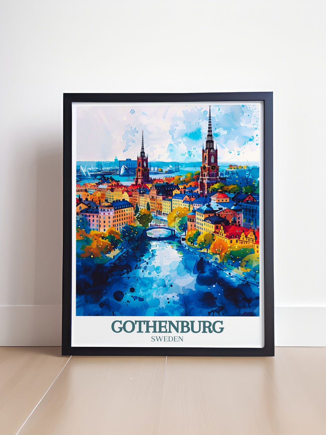 Gothenburg Sweden Watercolor Panorama River Spires Travel Poster - Image 4