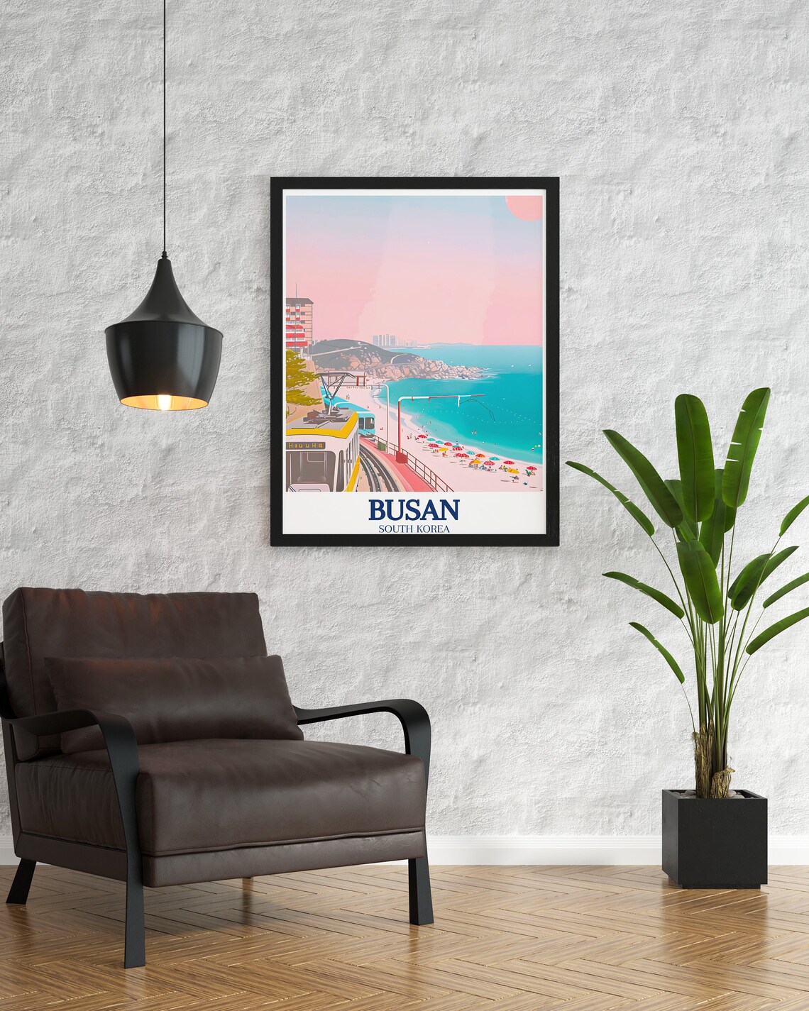 Busan South Korea Coastal Beach Train Umbrellas Scenic Poster - Image 3