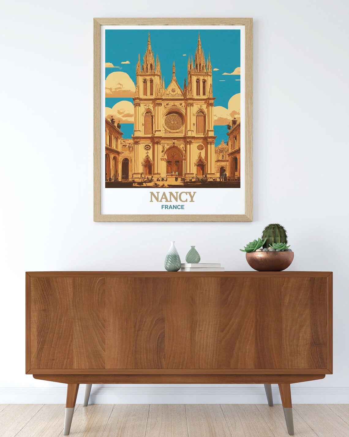Nancy France Cathedral Gothic Facade Blue Sky Vintage Travel Poster - Image 2
