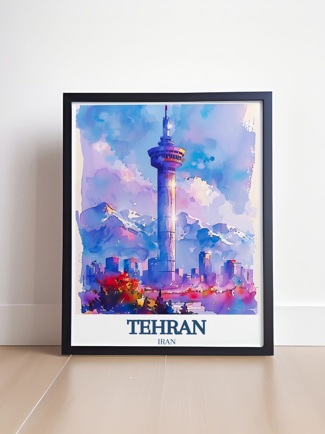 Dreamy Tehran Iran Milad Tower Watercolor Skyline Travel Poster - Image 4