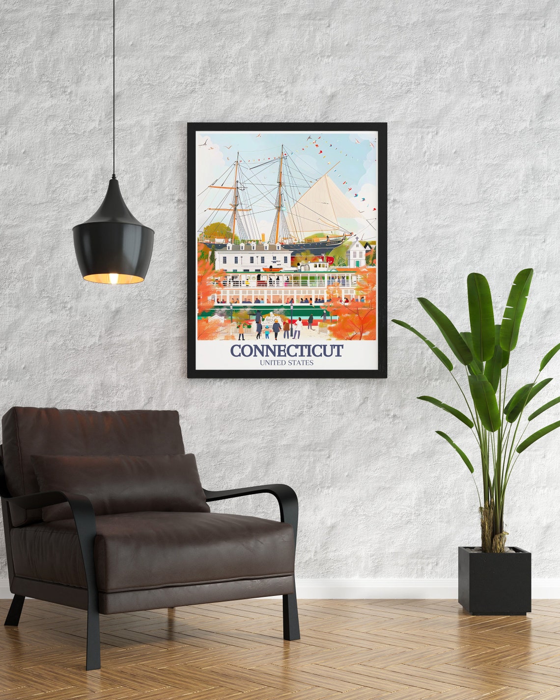 Connecticut Mystic Seaport Tall Ship Harbor Autumn Travel Poster - Image 3