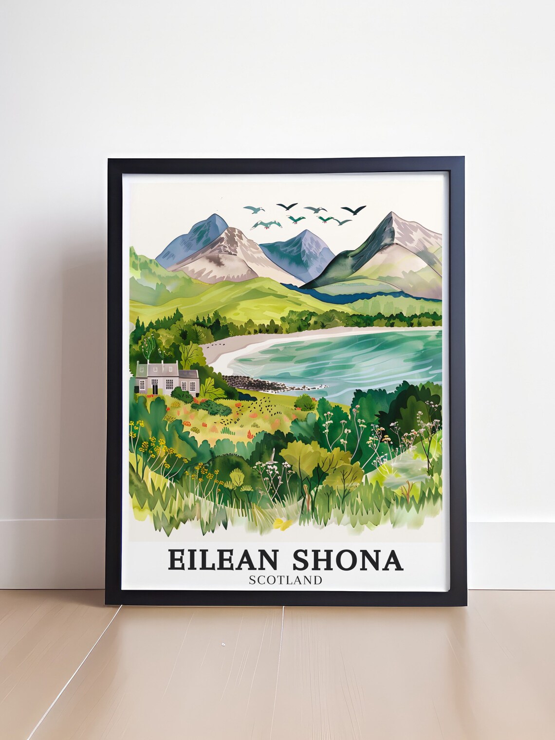 Eilean Shona House Scotland Watercolor Bay Mountain Scene Poster - Image 4