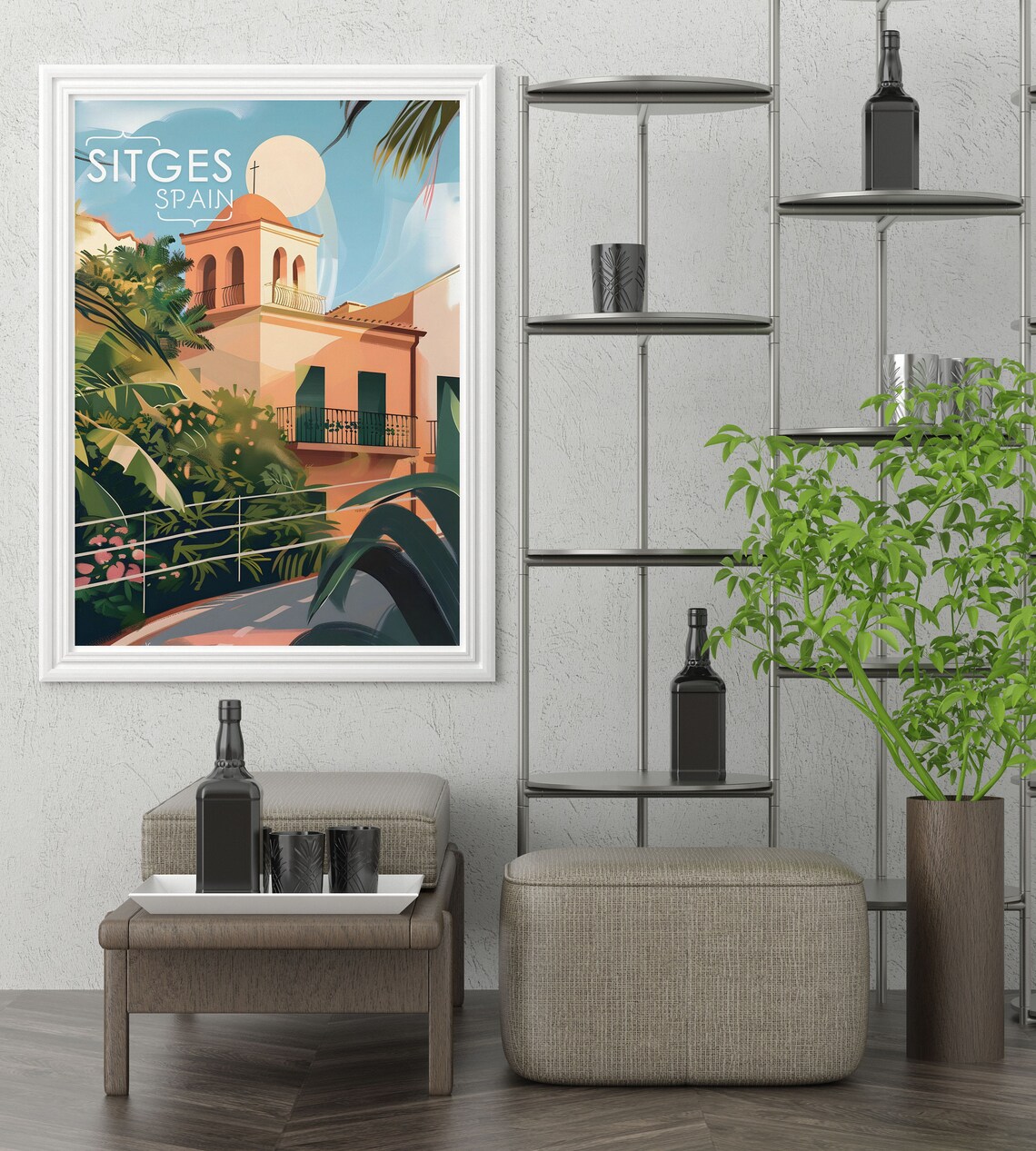 Sitges Spain Church of Sant Bartomeu Palm Fronds Retro Travel Poster - Image 2