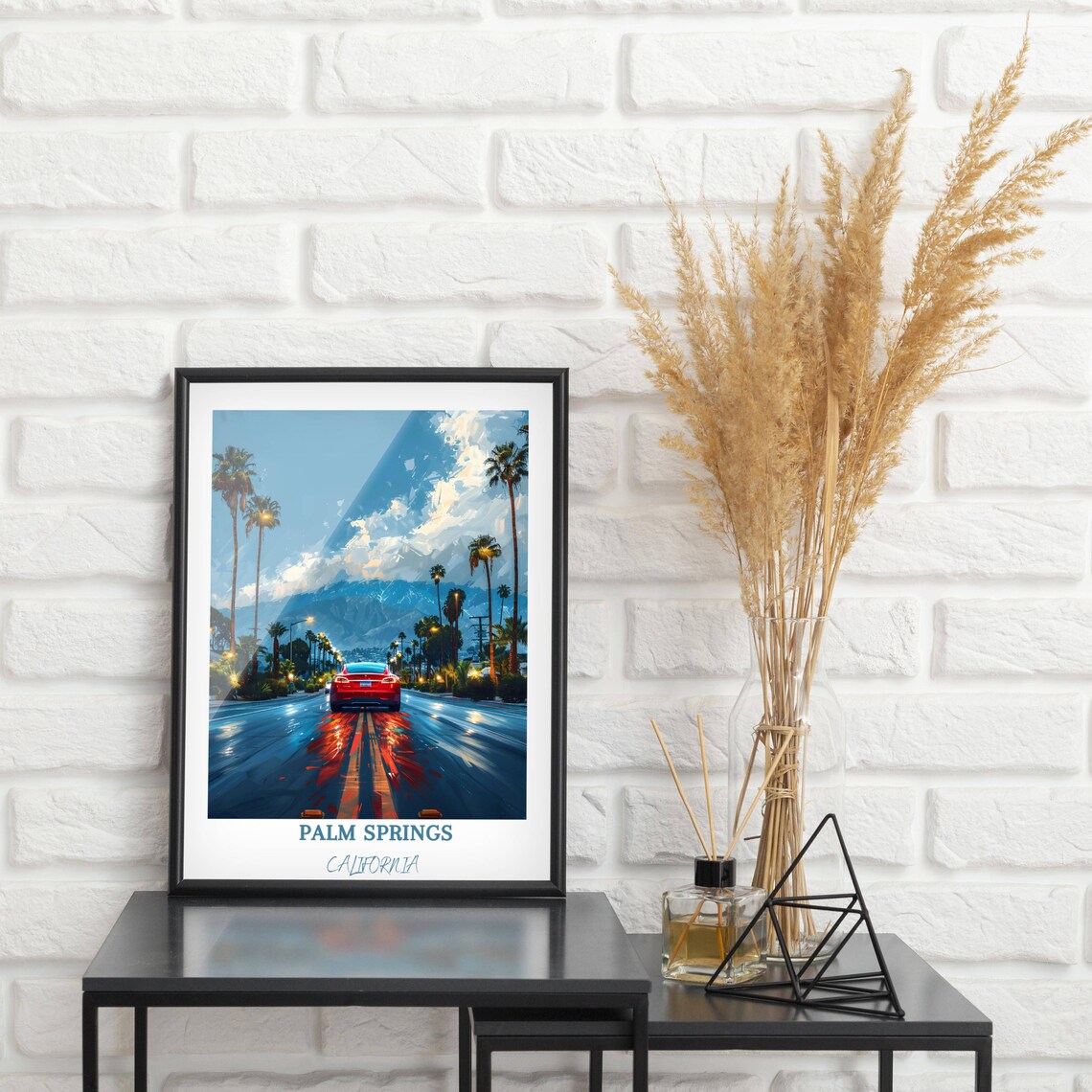 Red Electric Car On Wet Palm Lined Road In Palm Springs Poster - Image 2