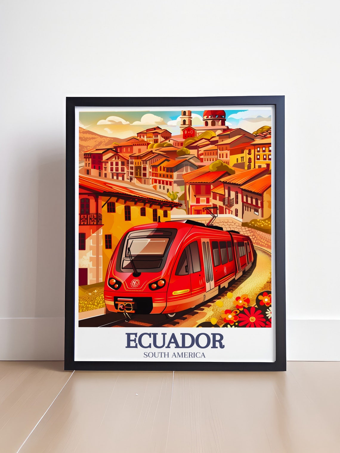 Ecuador Cuenca Red Tram Colonial Hillside Town Travel Poster - Image 4