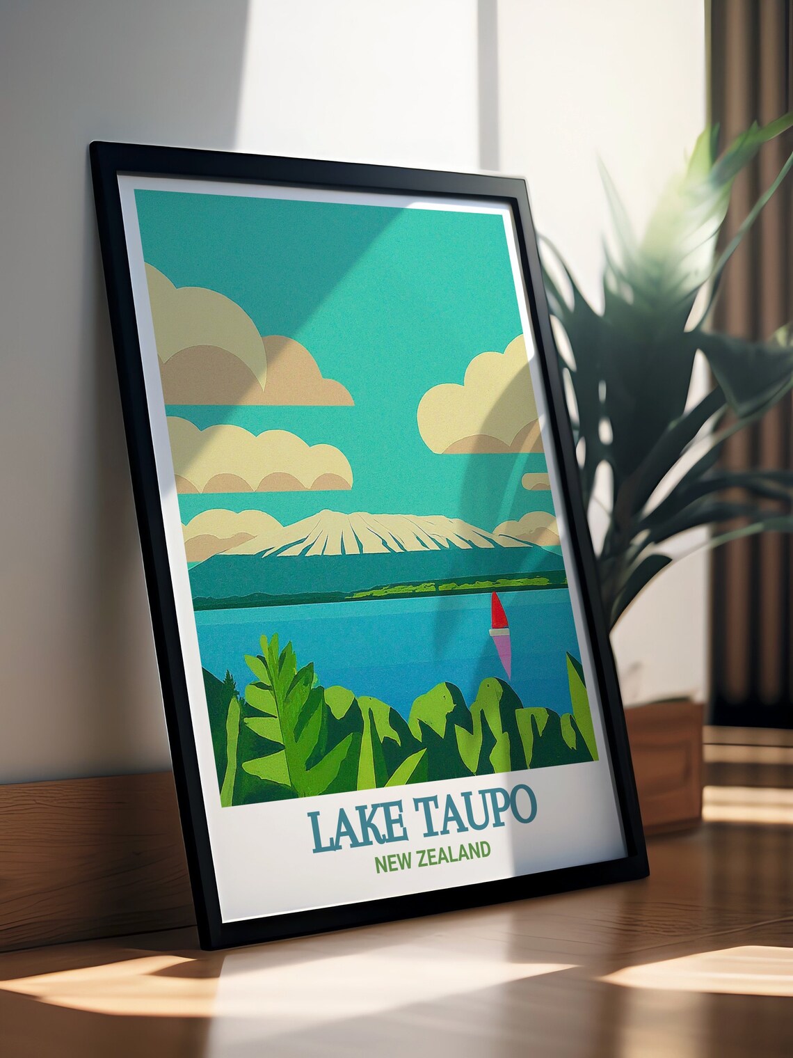 Lake Taupo New Zealand Volcano Over Lake Red Sailboat View Poster - Image 2