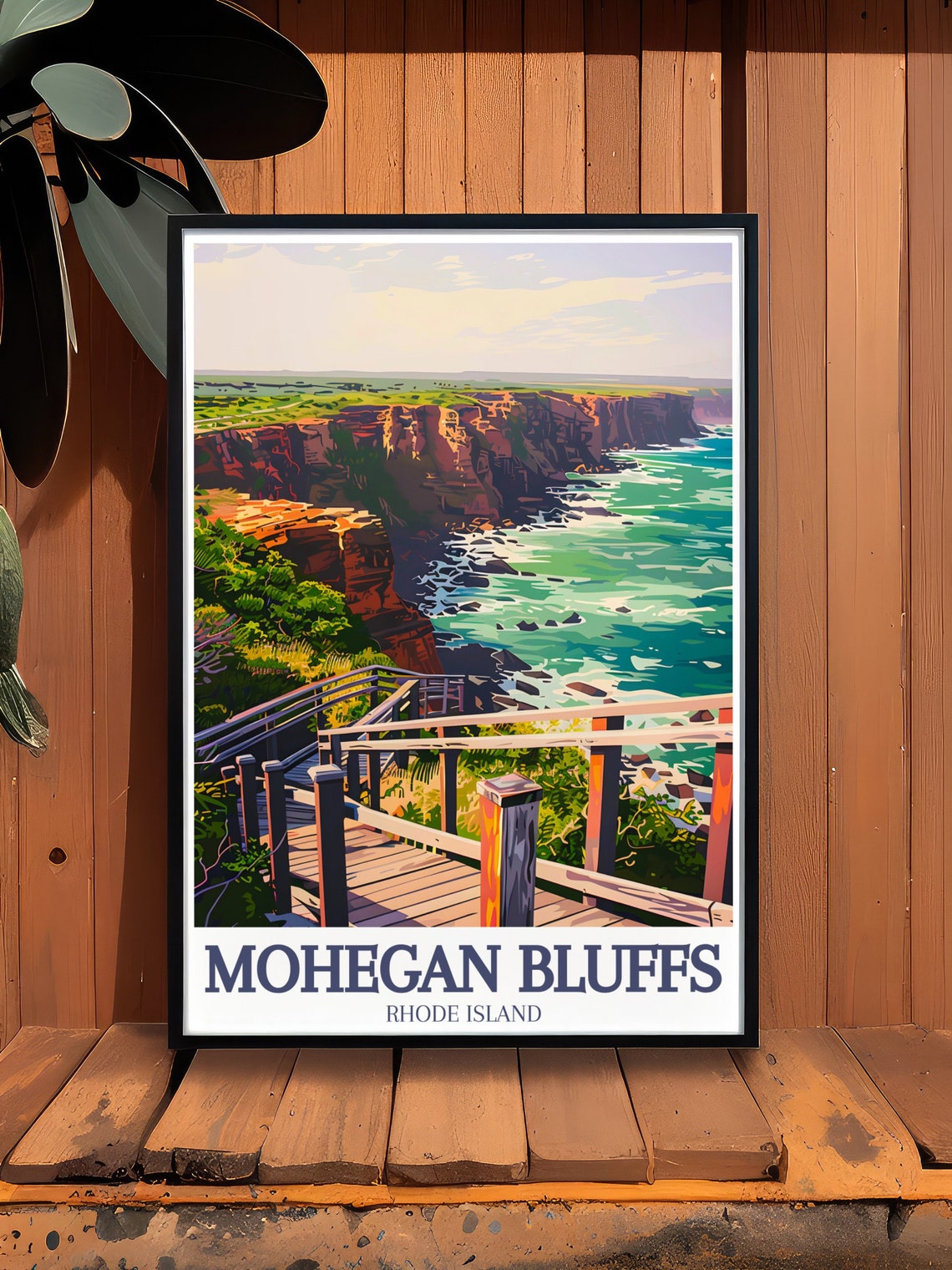 Mohegan Bluffs Rhode Island Cliff Stairs Over Ocean View Poster - Image 2