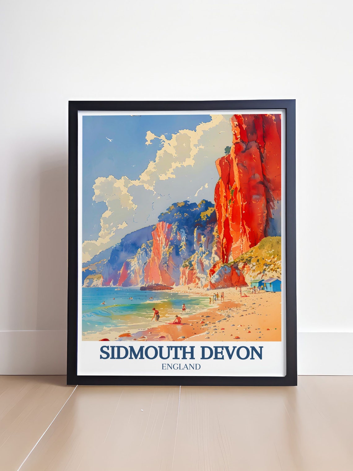 Sidmouth Devon Red Cliffs Beach Huts Watercolor Seaside Poster - Image 4