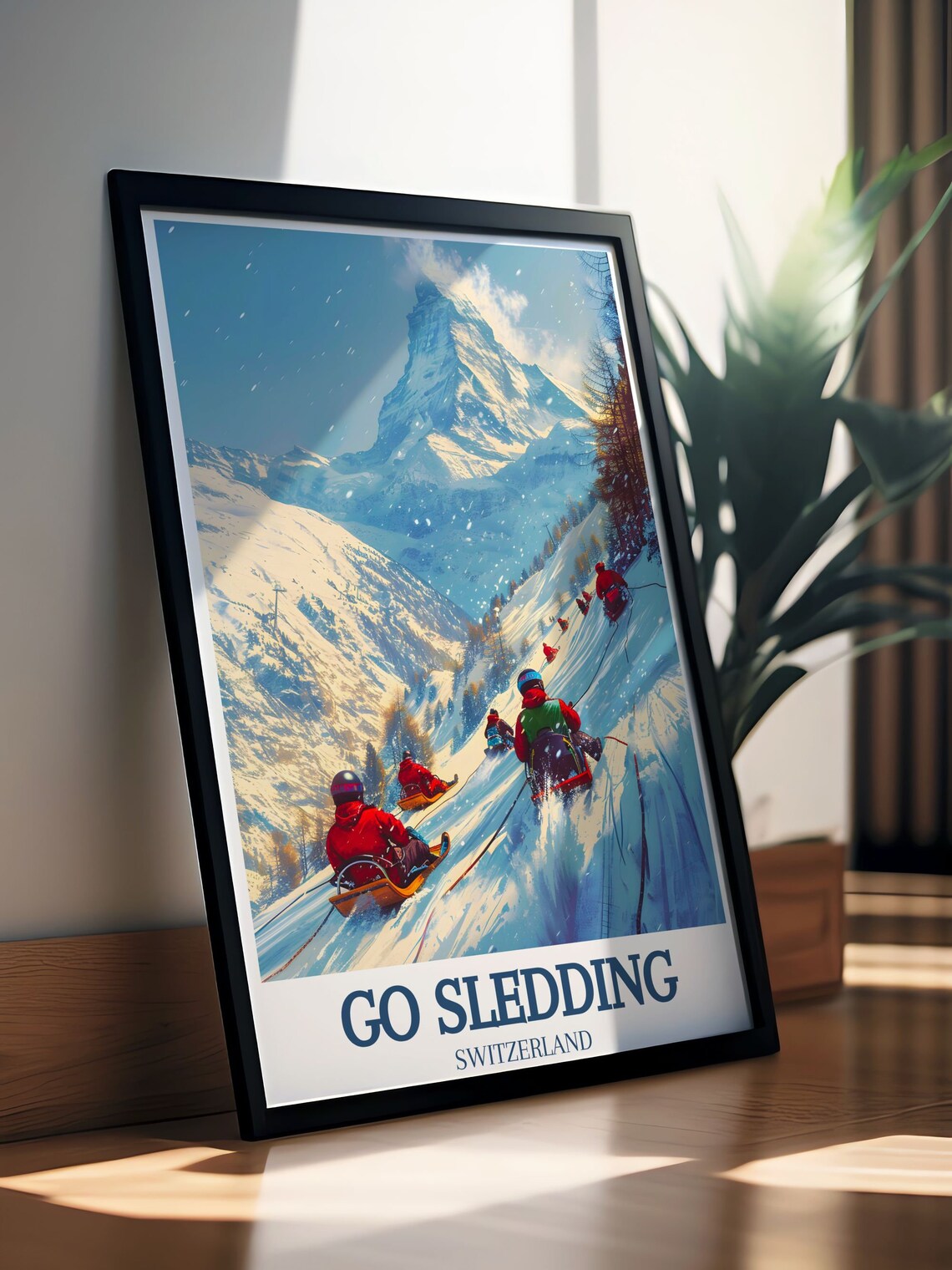 Go Sledding Switzerland Matterhorn Sledders Vintage Style Poster - Image 2