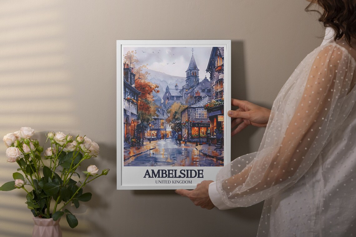 Ambleside Lake District Rainy Old Town Street Watercolor Poster - Image 2